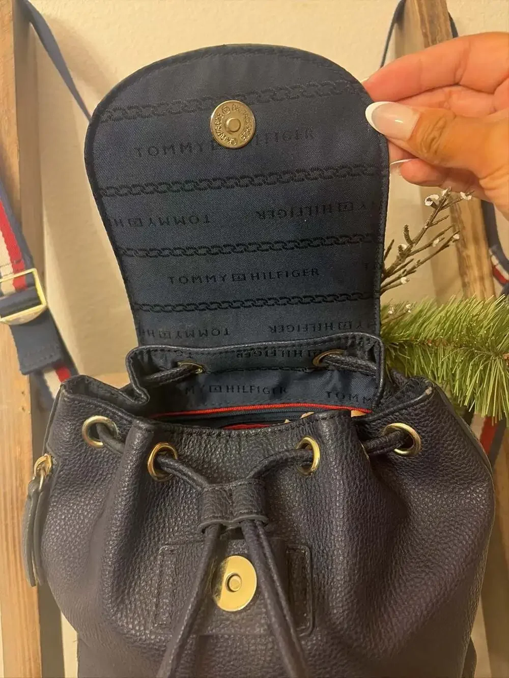 Tommy Hilfiger Navy Blue Faux Leather Drawstring Small Backpack with Striped Str